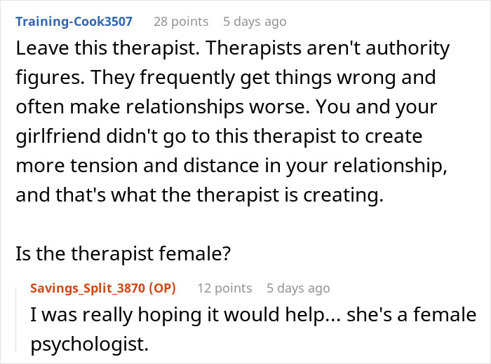 Screenshot of an online discussion where a couple seeks help with relationship struggles and feels attacked by their therapist. Screenshot of an online discussion where a couple seeks help with relationship struggles and feels attacked by their therapist.