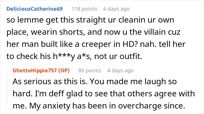 Screenshot of a Reddit conversation about a neighbor complaining over a woman’s outfit and her husband staring.
