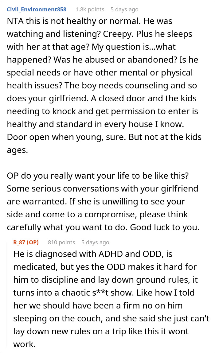 Reddit discussion on man questioning future with girlfriend after her 11-year-old son demands open bedroom door.