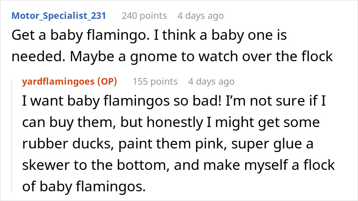Comments discussing plans to add baby pink flamingos in response to a neighbor’s Facebook campaign about flamingos.