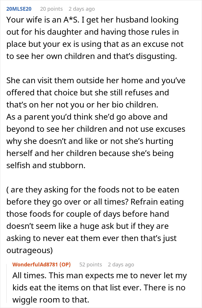 Comment discussion about dad refusing to change kids’ diet for ex’s new husband amid custody issues. Comment discussion about dad refusing to change kids’ diet for ex’s new husband amid custody issues.