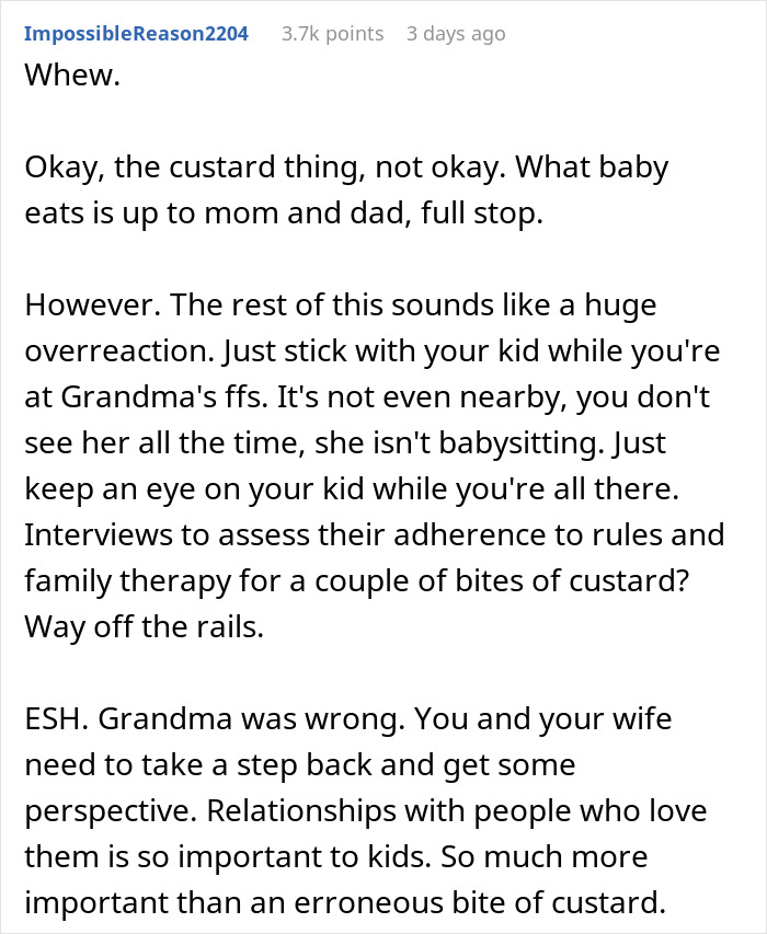 Comment discussing keeping son away from grandmother after fed custard, emphasizing parental control and family relationships. Comment discussing keeping son away from grandmother after fed custard, emphasizing parental control and family relationships.