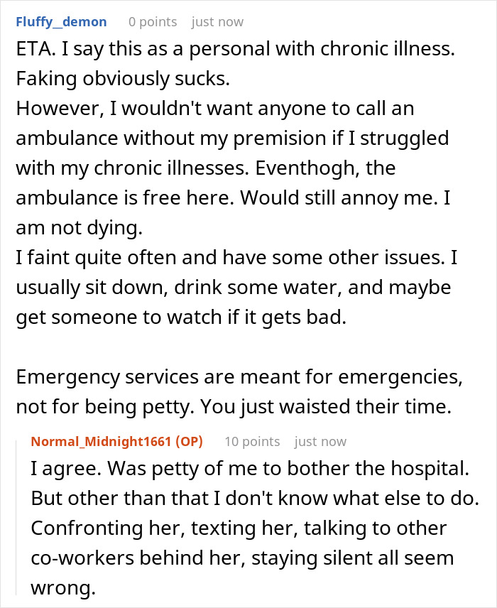 Text conversation about chronic illness and emergency services, referencing ambulance arriving for attention seeking behavior. Text conversation about chronic illness and emergency services, referencing ambulance arriving for attention seeking behavior.
