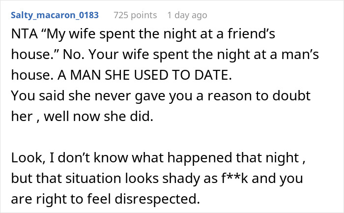 Comment discussing suspicion about wife’s catch-up with her ex turning into a sleepover, leaving husband wondering. Comment discussing suspicion about wife’s catch-up with her ex turning into a sleepover, leaving husband wondering.