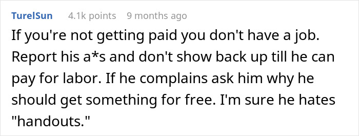 Comment urging workers to stop labor until paid, addressing late pay and boss’s audacity involving his new truck. Comment urging workers to stop labor until paid, addressing late pay and boss’s audacity involving his new truck.