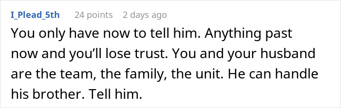 Screenshot of a Reddit comment advising a wife on trust and support while her husband serves his country and his brother helps her. Screenshot of a Reddit comment advising a wife on trust and support while her husband serves his country and his brother helps her.
