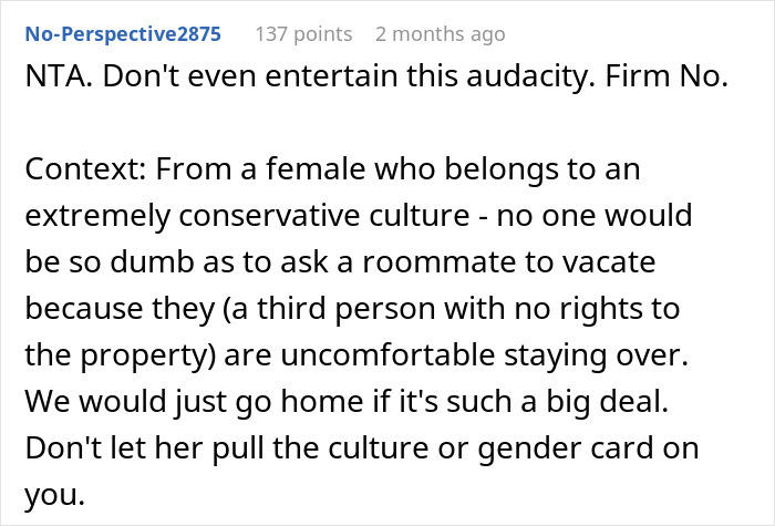 Commenter responds to student asked to leave house during roommate’s party, discussing guest comfort and cultural expectations.