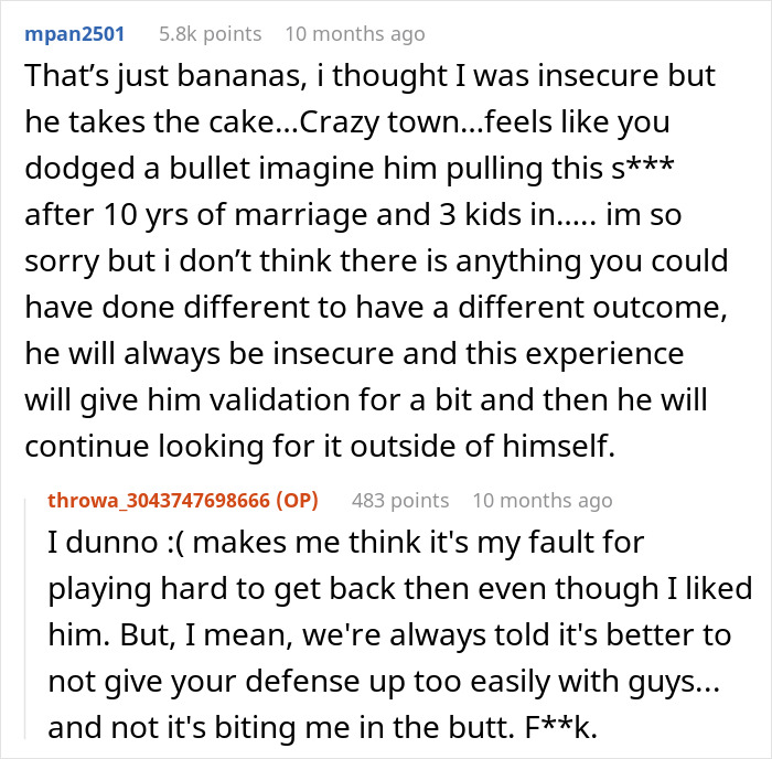Reddit comments discussing a woman's husband leaving her after being hit on for the first time, exploring insecurity and validation. Reddit comments discussing a woman's husband leaving her after being hit on for the first time, exploring insecurity and validation.