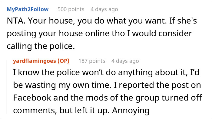 Screenshot of an online forum discussing a Facebook campaign about pink flamingos between neighbors.