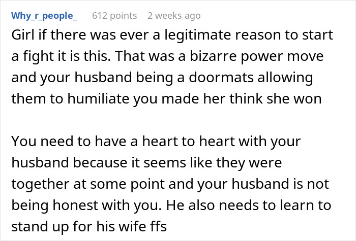 Comment discussing a husband’s childhood best friend humiliating his wife and the need for the husband to stand up for her. Comment discussing a husband’s childhood best friend humiliating his wife and the need for the husband to stand up for her.