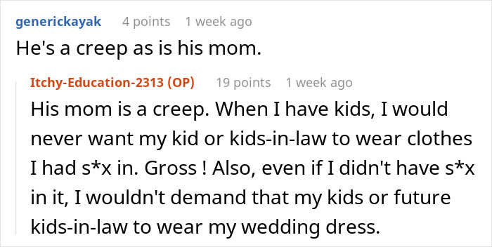 Online comments discussing a woman refusing to wear her fiancé’s mom’s used wedding dress in a family conflict. Online comments discussing a woman refusing to wear her fiancé’s mom’s used wedding dress in a family conflict.
