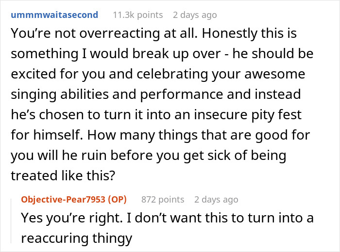 Reddit comments discussing a guy who dislikes how his girlfriend connects with a song she performs at school. Reddit comments discussing a guy who dislikes how his girlfriend connects with a song she performs at school.