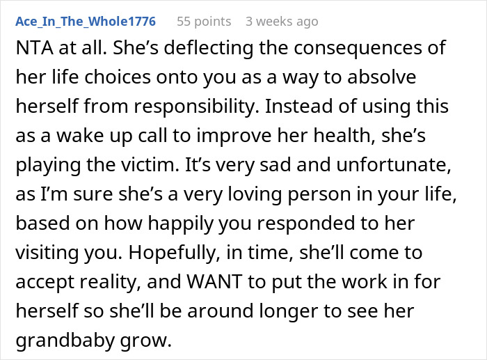 Comment discussing fat shaming and refusing obese mom to babysit newborn, highlighting health and responsibility concerns. Comment discussing fat shaming and refusing obese mom to babysit newborn, highlighting health and responsibility concerns.