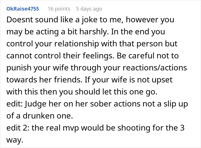 Reddit user comments on a man kicking out wife’s best friend after joking about wanting his baby, debating if he overreacted. Reddit user comments on a man kicking out wife’s best friend after joking about wanting his baby, debating if he overreacted.