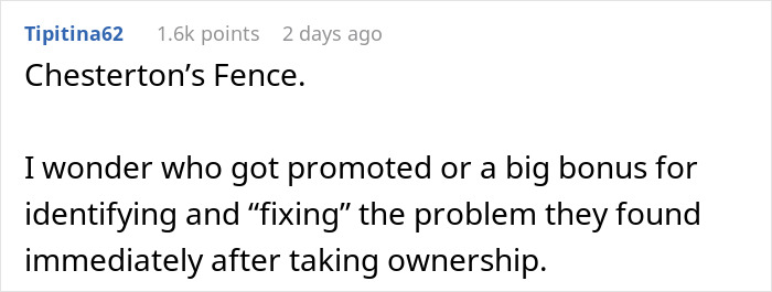 Comment discussing Chesterton’s fence and questioning rewards after a worker follows new policy at medical facility disaster. Comment discussing Chesterton’s fence and questioning rewards after a worker follows new policy at medical facility disaster.