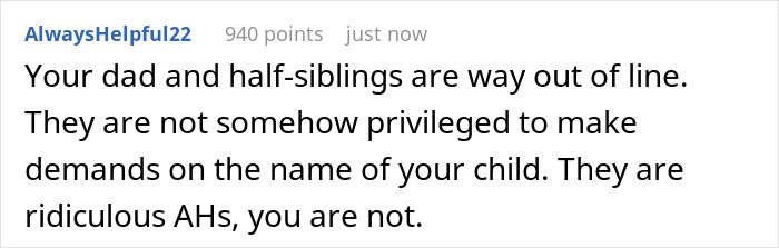 Screenshot of a forum comment discussing a dad demanding his son name the grandbaby after his late wife and being shut down quickly. Screenshot of a forum comment discussing a dad demanding his son name the grandbaby after his late wife and being shut down quickly.