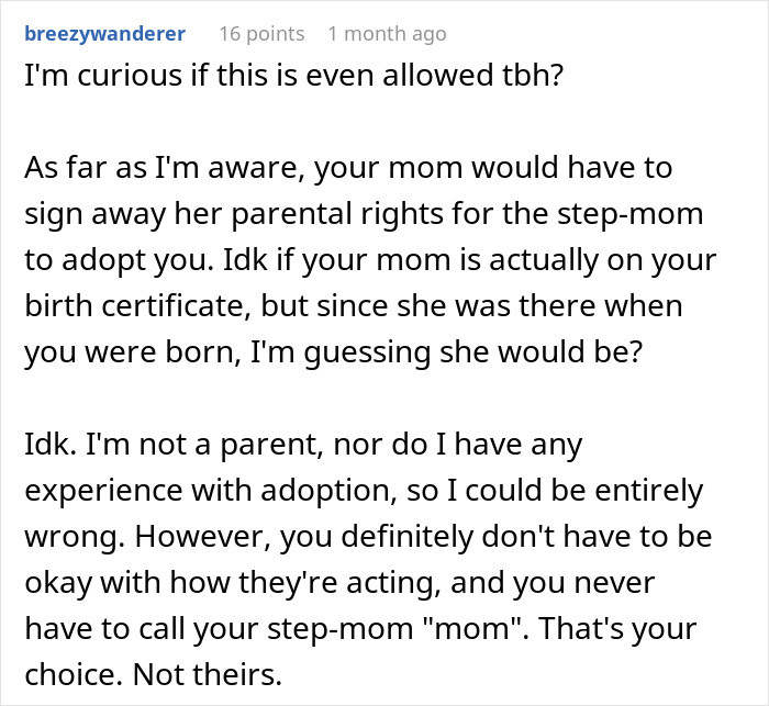 Comment discussing parental rights and adoption issues related to a teen refusing to be a birthday gift for stepmother Comment discussing parental rights and adoption issues related to a teen refusing to be a birthday gift for stepmother