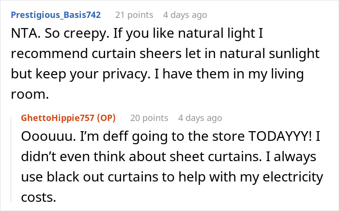 Screenshot of a Reddit conversation discussing a neighbor complaint about a woman’s outfit and privacy concerns.