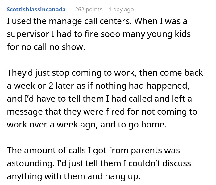 Screenshot of a comment about managing call centers and dealing with helicopter moms calling bosses of adult children. Screenshot of a comment about managing call centers and dealing with helicopter moms calling bosses of adult children.