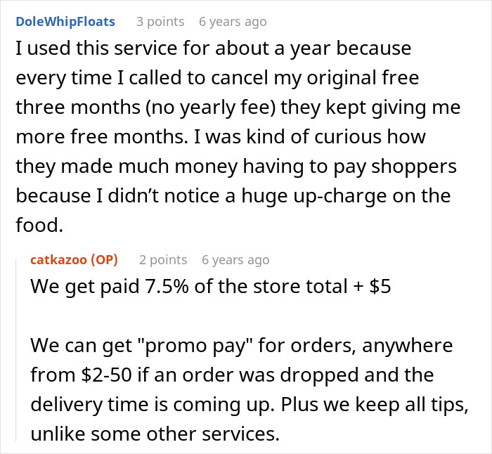 Screenshot showing a Reddit conversation discussing payments and charges related to grocery shopping services. Screenshot showing a Reddit conversation discussing payments and charges related to grocery shopping services.
