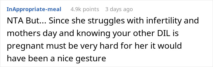 Comment on Reddit discussing Dog Mom DIL demanding equal Mother's Day treatment after being skipped by MIL. Comment on Reddit discussing Dog Mom DIL demanding equal Mother's Day treatment after being skipped by MIL.