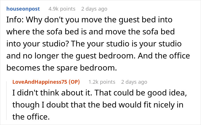 Discussion between users about rearranging furniture to prioritize a miniature wargaming studio over guest bedroom space. Discussion between users about rearranging furniture to prioritize a miniature wargaming studio over guest bedroom space.