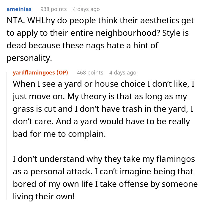 Screenshot of an online discussion about a lady’s Facebook campaign against neighbor’s pink flamingos and plans to buy more. Screenshot of an online discussion about a lady’s Facebook campaign against neighbor’s pink flamingos and plans to buy more.