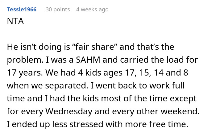 Forum post discussing fairness in parenting and challenges after leaving husband who refused to help with child care responsibilities Forum post discussing fairness in parenting and challenges after leaving husband who refused to help with child care responsibilities