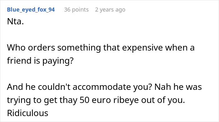 Screenshot of a Reddit comment discussing a friend laughing off vegan’s warning about paying only for his food. Screenshot of a Reddit comment discussing a friend laughing off vegan’s warning about paying only for his food.