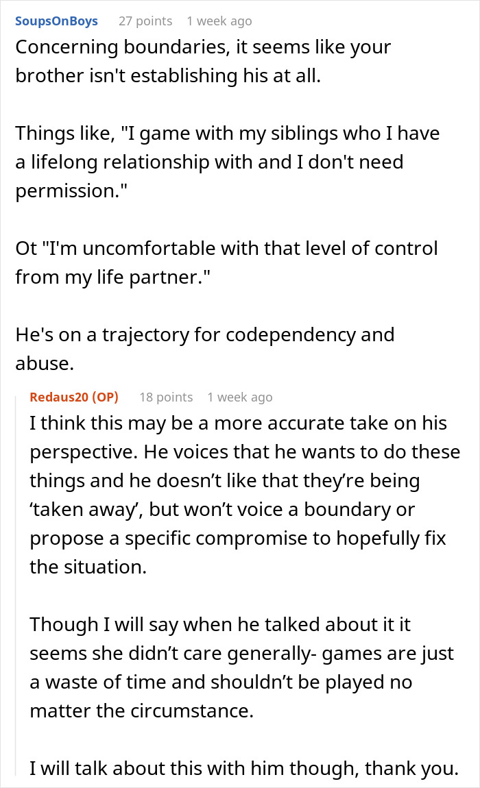 Reddit conversation discussing a woman telling fiancé his gaming days are over and impact on sibling relationships. Reddit conversation discussing a woman telling fiancé his gaming days are over and impact on sibling relationships.