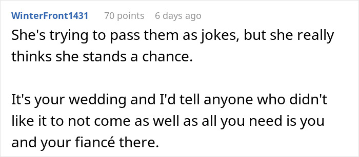Comment section discussing a woman making below-the-belt remarks about her sister’s fiancé before the wedding.