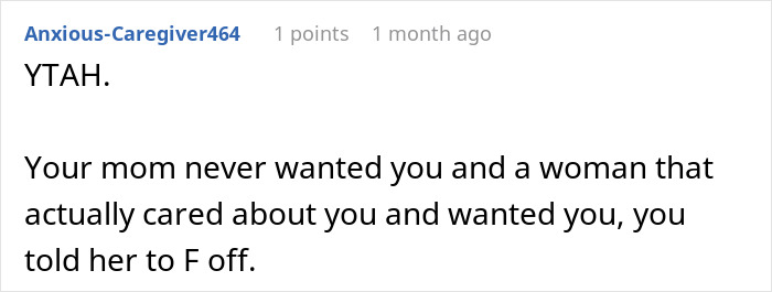 Screenshot of a forum comment discussing a teen refusing to be a birthday gift for stepmother and asserting loyalty to their mom. Screenshot of a forum comment discussing a teen refusing to be a birthday gift for stepmother and asserting loyalty to their mom.