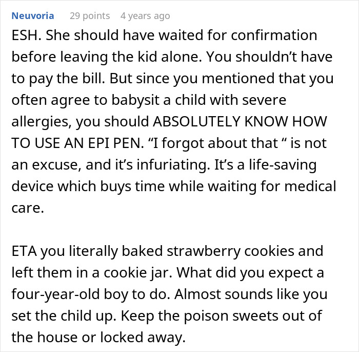 Screenshot of a detailed comment discussing allergic reactions and responsibility for medical bills involving a roommate's son. Screenshot of a detailed comment discussing allergic reactions and responsibility for medical bills involving a roommate's son.