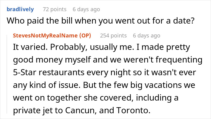 Reddit conversation about dating a famous actress, discussing who paid the bill during their dates and vacations.