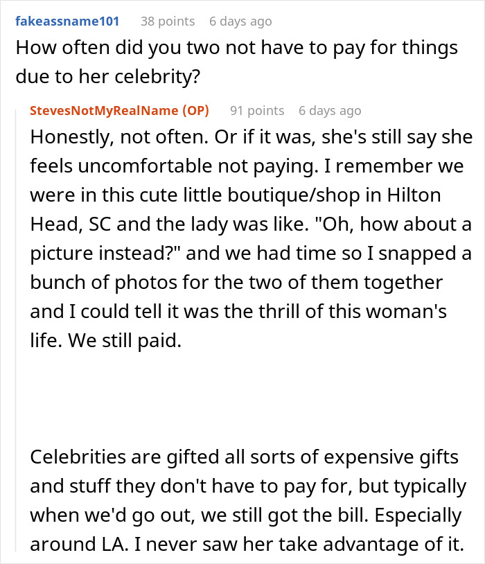 Reddit user shares experience dating a famous actress, highlighting challenges and celebrity-related moments.