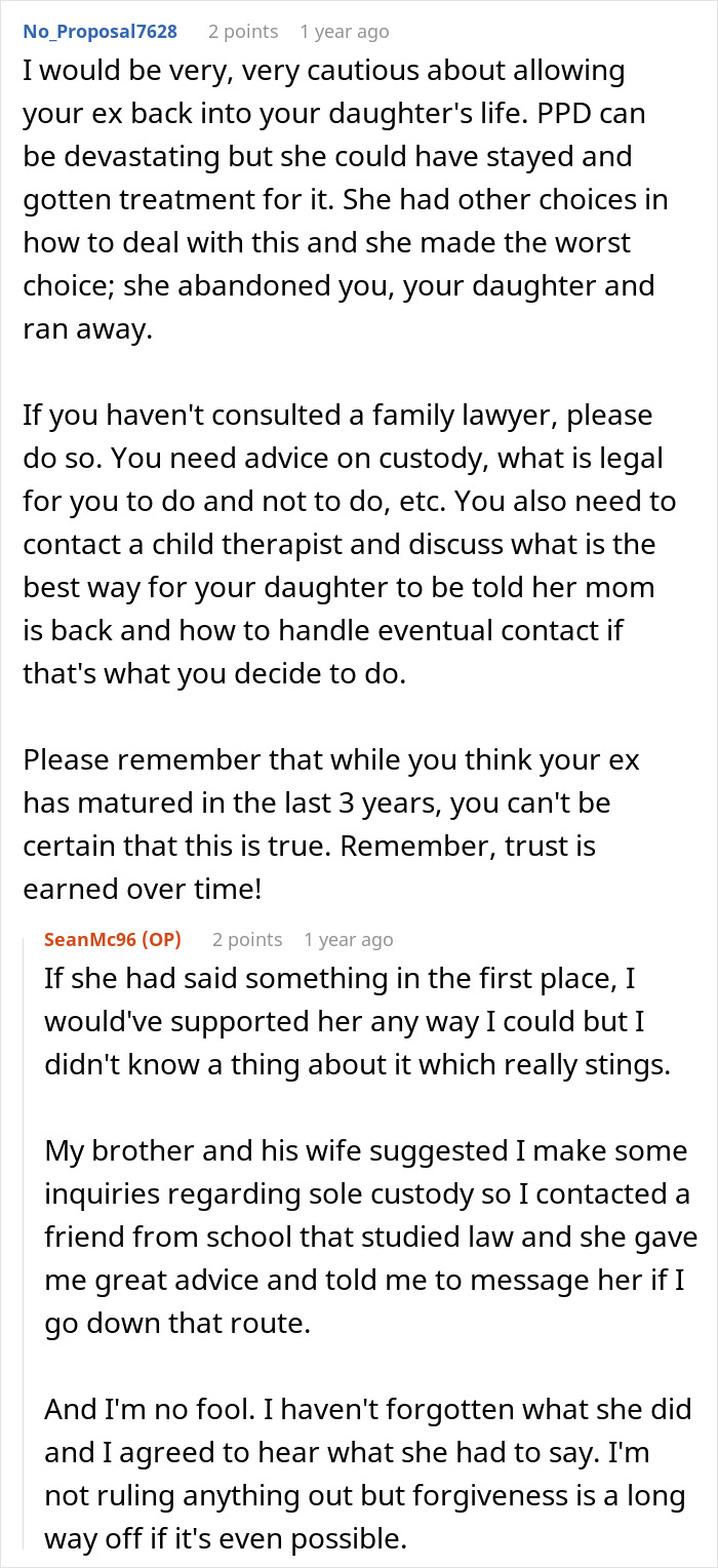 Text conversation discussing a man raising a newborn alone and dealing with his ex’s return after three years. Text conversation discussing a man raising a newborn alone and dealing with his ex’s return after three years.