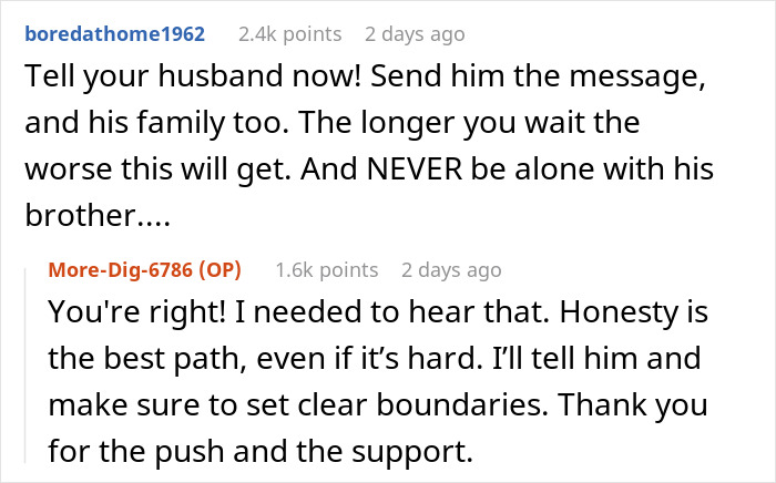 Screenshot of an online conversation discussing setting clear boundaries as a man signs up to serve his country and his brother supports his wife. Screenshot of an online conversation discussing setting clear boundaries as a man signs up to serve his country and his brother supports his wife.