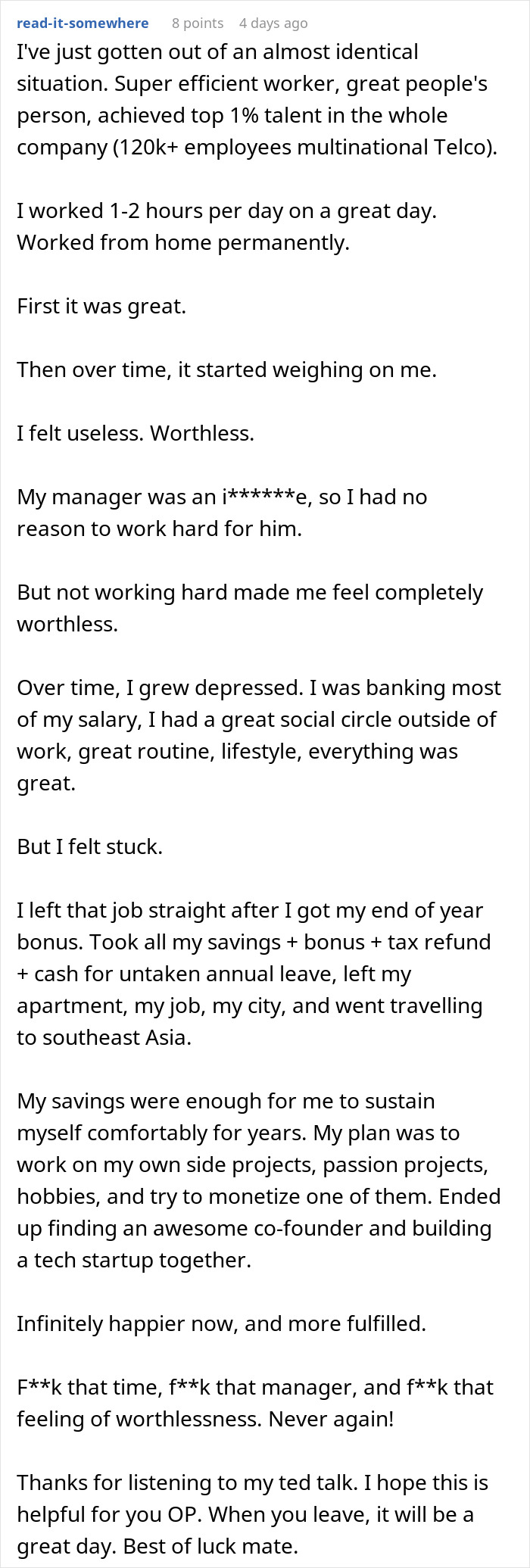 Text post discussing employee figures out how to only work a week a month, shares story of quitting and finding fulfillment. Text post discussing employee figures out how to only work a week a month, shares story of quitting and finding fulfillment.