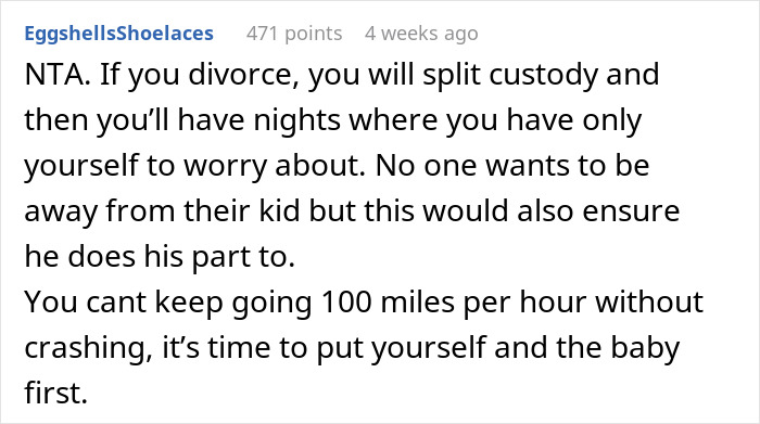 Screenshot of a forum comment advising on custody and self-care in a discussion about leaving husband after refusing child help. Screenshot of a forum comment advising on custody and self-care in a discussion about leaving husband after refusing child help.