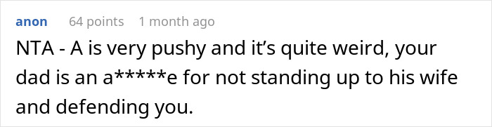 Screenshot of a forum comment discussing a teen refusing to be a birthday gift for stepmother and family conflict. Screenshot of a forum comment discussing a teen refusing to be a birthday gift for stepmother and family conflict.