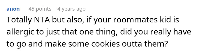 Comment discussing refusal to pay medical bills for roommate's son after allergic reaction, mentioning allergy concerns. Comment discussing refusal to pay medical bills for roommate's son after allergic reaction, mentioning allergy concerns.