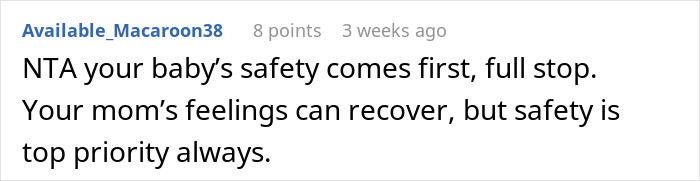 Screenshot of an online comment discussing a woman refusing obese mom to babysit her newborn due to safety concerns. Screenshot of an online comment discussing a woman refusing obese mom to babysit her newborn due to safety concerns.