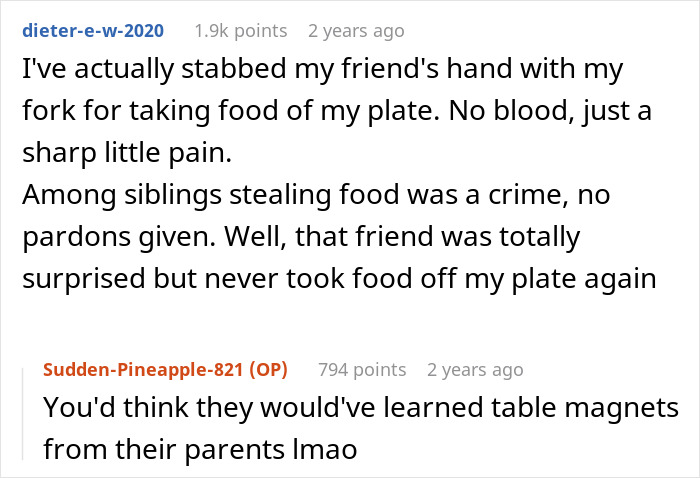 Screenshot of a Reddit post describing a person getting revenge on a roommate for stealing food off their plate. Screenshot of a Reddit post describing a person getting revenge on a roommate for stealing food off their plate.