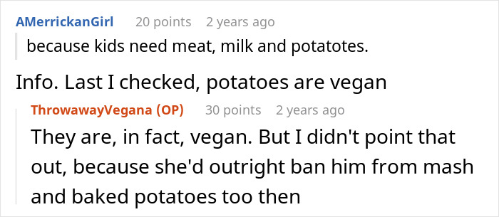 Text conversation about kids needing meat, milk, and potatoes, with a debate over vegan potato options and veggie preferences. Text conversation about kids needing meat, milk, and potatoes, with a debate over vegan potato options and veggie preferences.