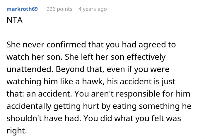 Reddit comment explaining why refusing to pay medical bills for roommate's son after allergic reaction is justified.