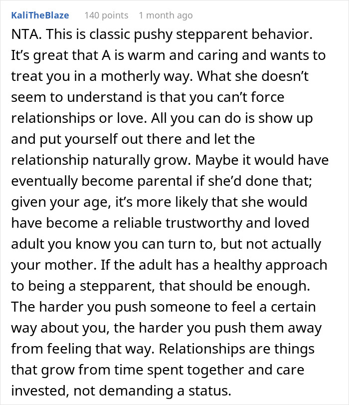 Comment discussing teen refuses to be a birthday gift for stepmother, highlighting stepparent relationship boundaries. Comment discussing teen refuses to be a birthday gift for stepmother, highlighting stepparent relationship boundaries.