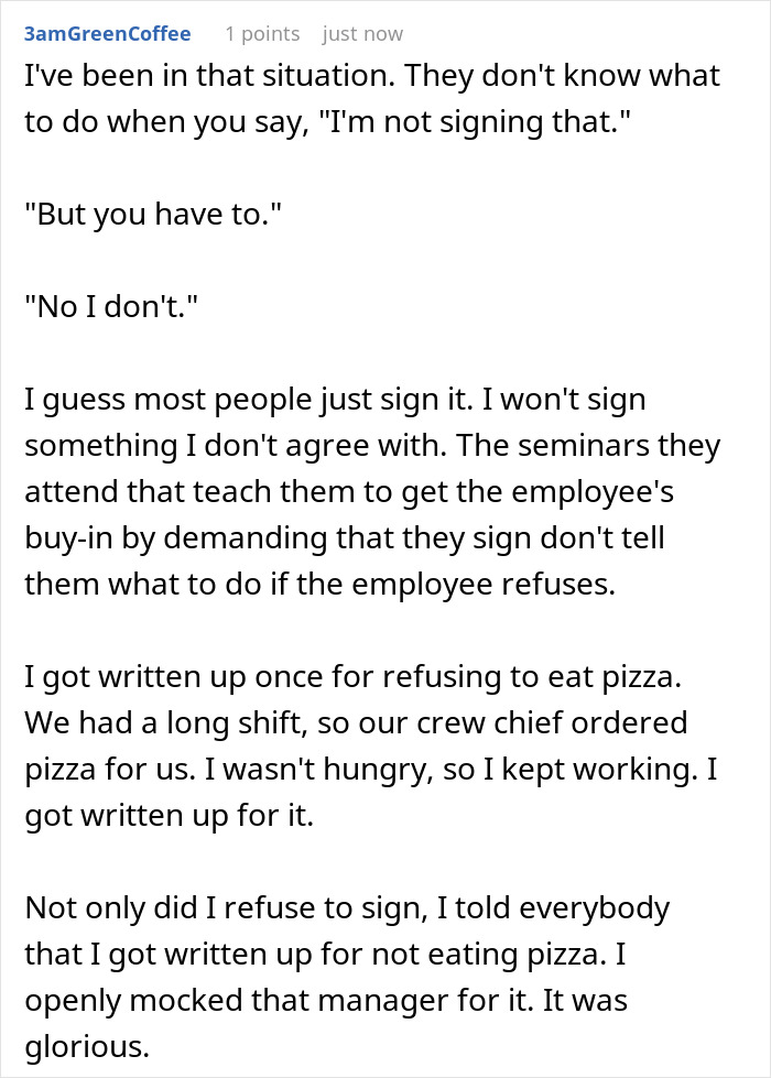 Text post showing a discussion about employee refusal to sign and manager baseless claims in workplace disputes. Text post showing a discussion about employee refusal to sign and manager baseless claims in workplace disputes.