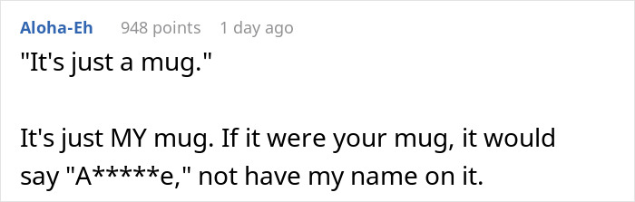 Comment discussing a stolen Hawaii mug with frustration over ownership and a playful insult about the mug's label.