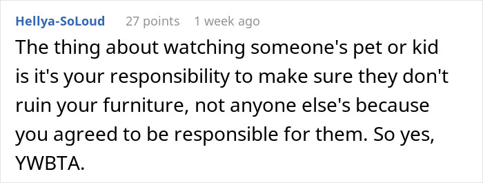 Text post from a forum discussing responsibility for furniture damage when watching a friend's child and WBTA debate. Text post from a forum discussing responsibility for furniture damage when watching a friend's child and WBTA debate.