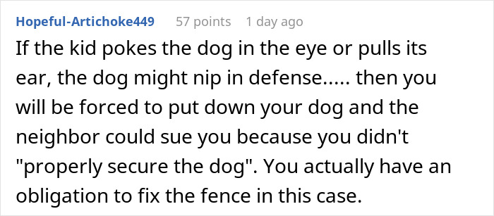 Comment discussing the neighbor’s kid turning fence into fast food window for dogs and urging to secure the fence.
